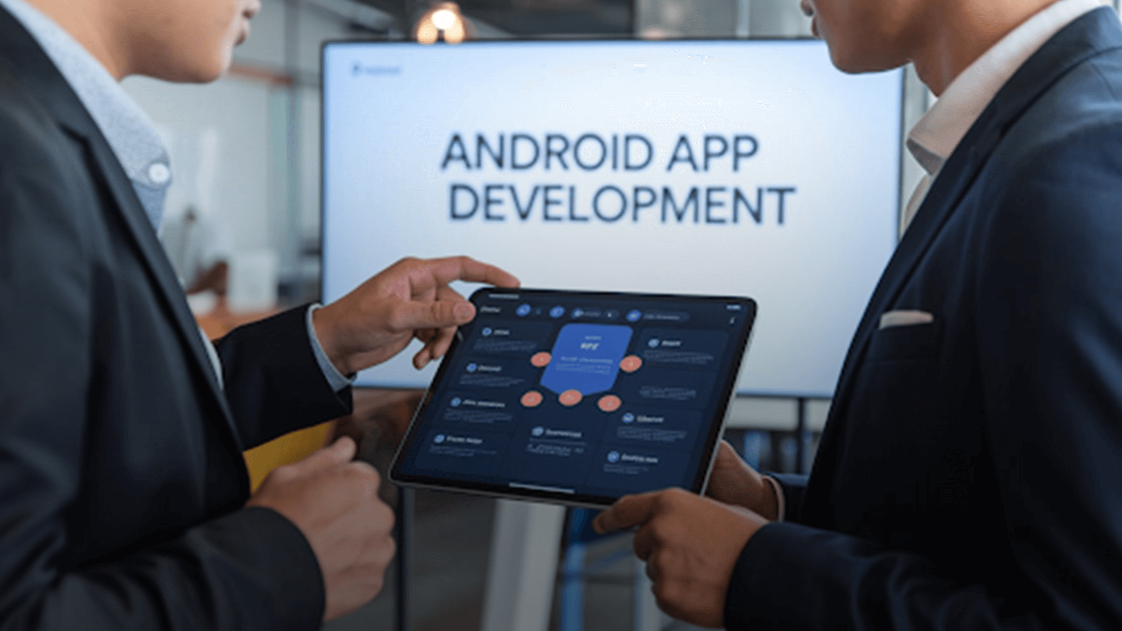 A-vibrant-office-scene-showcasing-a-team-collaborating-on-Android-app-development
